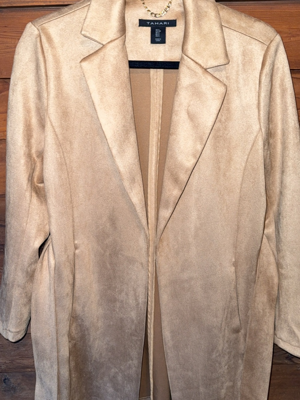 Tahari Faux-Suede Long Trench Coat in Camel